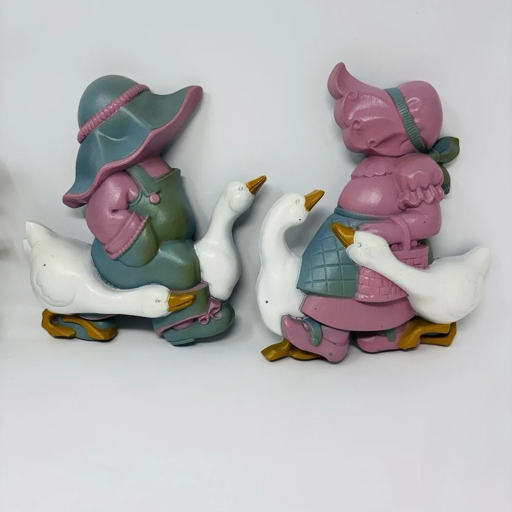 Vintage 1978 Burwood Boy Girl & Geese Goose Wall Hanging Home Decor Grandmacore